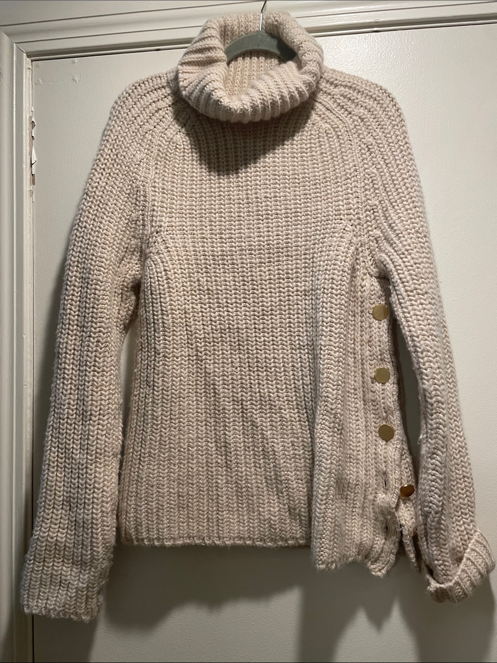 Tibi Merino Wool Chunky Rib Knit Turtleneck Sweater Cream Side Button Size M